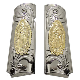 1911 Full Size Metal Grips – Chrome & Gold Our Lady Design (Ambi Cut, Includes 4 Screws)