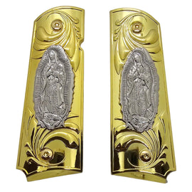1911 Full Size Metal Grips – Gold & Silver Our Lady Design (Ambi Cut, Includes 4 Screws)