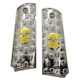 1911 Full Size Metal Grips – Chrome with Gold Skull Design, Ambi Cut (Includes 4 Screws)