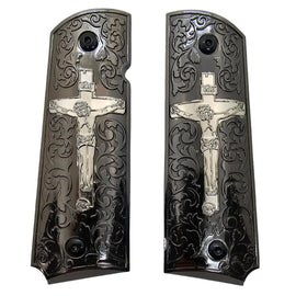 1911 Full Size Metal Grips – Black & Silver Crucifix Design (Ambi Cut, Includes 4 Screws)