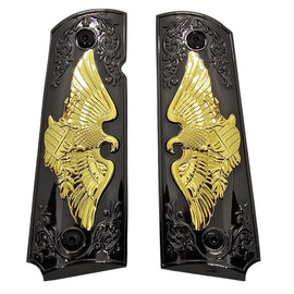 1911 Full Size Metal Grips – Black & Gold Eagle Design with Floral Engraving (Ambi Cut, Includes 4 Screws)