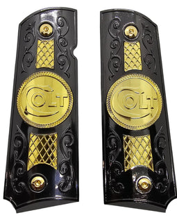 1911 Full Size Metal Grips – Black & Gold Colt Design (Ambi Cut, Includes 4 Screws)