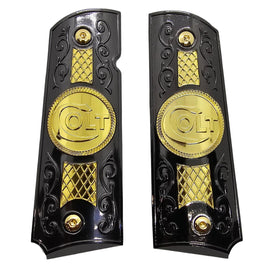 1911 Full Size Metal Grips – Black & Gold Colt Design (Ambi Cut, Includes 4 Screws)