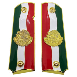 1911 Full Size Metal Grips – Gold Mexican Flag Design with Eagle Emblem (Ambi Cut, Includes 4 Screws)