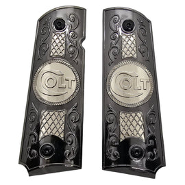 1911 Full Size Metal Grips – Black & Silver Colt Design (Ambi Cut, Includes 4 Screws)