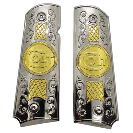 1911 Full Size Metal Grips – Chrome & Gold Colt Design (Ambi Cut, Includes 4 Screws)