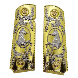 1911 Full Size Metal Grips – Gold & Silver Horse Design (Ambi Cut, Includes 4 Screws)