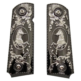 1911 Full Size Metal Grips – Black & Silver Horse Design (Ambi Cut, Includes 4 Screws)