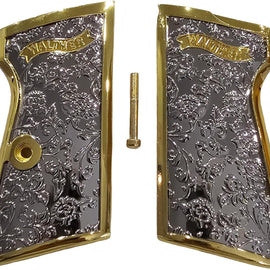 Grips for Walther PPK/PPK-S – Scroll Engraved Panels with Gold Nickel Polished Finish and Matching Screw
