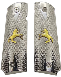 1911 Full Size Metal Grips – Chrome Diamond Pattern with Gold Horse Design (Ambi Cut, Includes 4 Screws)