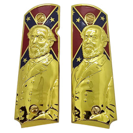 Gold Metal 1911 Grips – Historical Confederate General Design – Full Size, Ambi Cut + Screws Gold