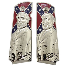 Silver Metal 1911 Grips – Historical Confederate General Design – Full Size, Ambi Cut + Screws