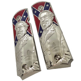 Silver Metal 1911 Grips – Historical Confederate General Design – Full Size, Ambi Cut + Screws