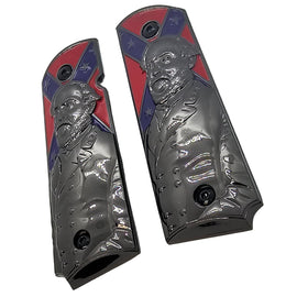 Black Metal 1911 Grips – Historical Confederate General Design – Full Size, Ambi Cut + Screws