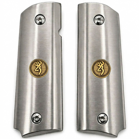 1911 Full Size Stainless Steel Grips – Gold Browning Medallion – Ambi Cut