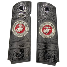Black Nickel Metal 1911 Grips – USMC Emblem – Full Size with Ambi Cut + Screws
