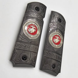 Black Nickel Metal 1911 Grips – USMC Emblem – Full Size with Ambi Cut + Screws