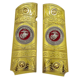 Gold Nickel Metal 1911 Grips – USMC Emblem – Full Size with Ambi Cut + Screws