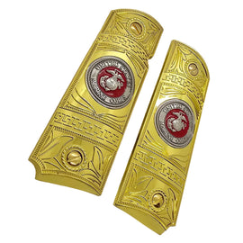 Gold Nickel Metal 1911 Grips – USMC Emblem – Full Size with Ambi Cut + Screws