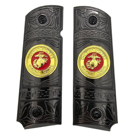 Black Gold Metal 1911 Grips – USMC Emblem – Full Size with Ambi Cut + Screws
