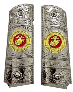 Nickel Gold Metal 1911 Grips – USMC Emblem – Full Size with Ambi Cut + Screws