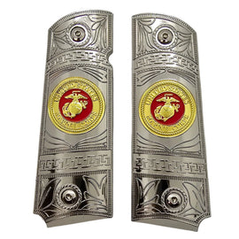 Nickel Gold Metal 1911 Grips – USMC Emblem – Full Size with Ambi Cut + Screws