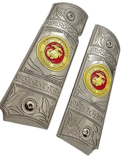 Nickel Gold Metal 1911 Grips – USMC Emblem – Full Size with Ambi Cut + Screws