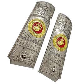 Nickel Gold Metal 1911 Grips – USMC Emblem – Full Size with Ambi Cut + Screws