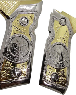Beretta 92 / 96 Full Size Metal Grips – Chrome & Gold P. Beretta Logo Design (Fits 92FS, M9, 92A1, 92 INOX – Includes Screws)