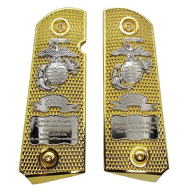 1911 Full Size Metal Grips – Gold & Silver Military Eagle Globe Design (Ambi Cut, Includes 4 Screws)