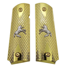 1911 Full Size Metal Grips – Gold Diamond Pattern with Silver Horse Design (Ambi Cut, Includes 4 Screws)