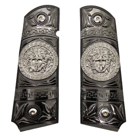1911 Full Size Metal Grips – Black & Silver Medusa Design (Ambi Cut, Includes 4 Screws)