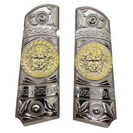 1911 Full Size Metal Grips – Chrome & Gold Medusa Design (Ambi Cut, Includes 4 Screws)