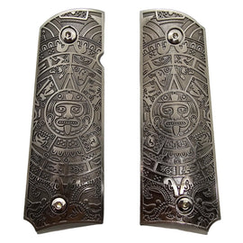1911 Full Size Metal Grips – Silver Aztec Calendar Design (Ambi Cut, Includes 4 Screws)