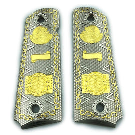 1911 Full Size Metal Grips – Chrome with Gold Mexican Eagle & Aztec Calendar Design (Ambi Cut, Includes 4 Screws)