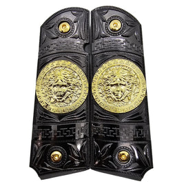 1911 Full Size Metal Grips – Black & Gold Medusa Design (Ambi Cut, Includes 4 Screws)