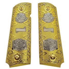 1911 Full Size Metal Grips – Gold Mexican Eagle & Aztec Calendar Design (Ambi Cut, Includes 4 Screws)