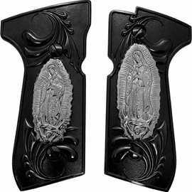 Beretta 92 Series Virgin Mary Metal Grip Panels – Black & Silver Finish – Matching Screws Included