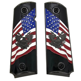 1911 Full-Size Metal Grips Black – USA Flag + Eagle Emblem Enamel (Ambi Cut) + Screws