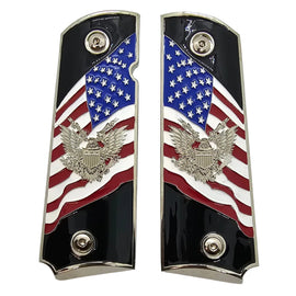 1911 Full-Size Metal Grips Nickel – USA Flag + Eagle Emblem Enamel (Ambi Cut) + Screws