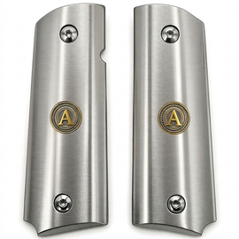 Full Size 1911 Stainless Steel Grip Panels – Gold Monogram (A–Z) – Ambi Cut