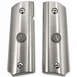 Full Size 1911 Stainless Steel Grip Panels – Brushed Silver Monogram (A–Z) – Ambi Cut