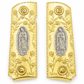 1911 Full Size Grips – Ambi Cut – Full Gold Engraved with Silver Virgin Mary + Screws Included