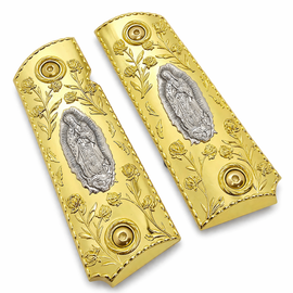 1911 Full Size Grips – Ambi Cut – Full Gold Engraved with Silver Virgin Mary + Screws Included