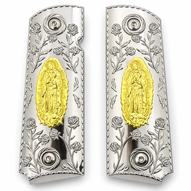 1911 Full Size Grips – Ambi Cut – Polished Chrome & Gold Virgin Mary Engraved + Screws Included