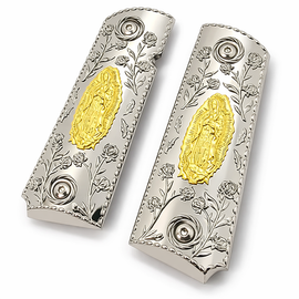 1911 Full Size Grips – Ambi Cut – Polished Chrome & Gold Virgin Mary Engraved + Screws Included