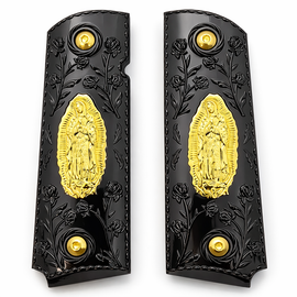 1911 Full Size Grips – Ambi Cut – Black & Gold Virgin Mary Engraved + Screws Included