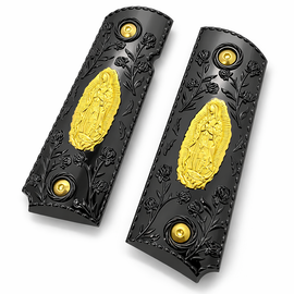 1911 Full Size Grips – Ambi Cut – Black & Gold Virgin Mary Engraved + Screws Included