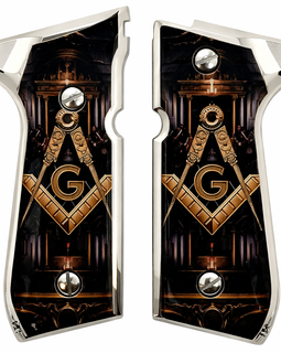 Beretta 92 / 96 Square & Compass “G” Lodge Design Grip Panels – Polished Silver Border – Includes 4 Screws
