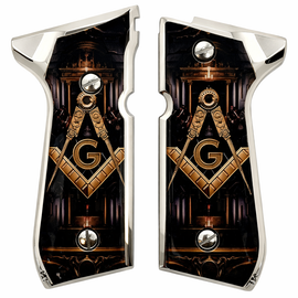 Beretta 92 / 96 Square & Compass “G” Lodge Design Grip Panels – Polished Silver Border – Includes 4 Screws